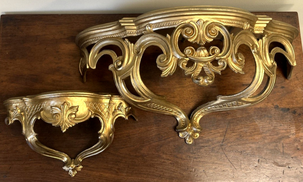 Lot 2 Wall Vintage Shelves Gold Ornate Rococo Hollywood Regency Resin 19” 11.5”